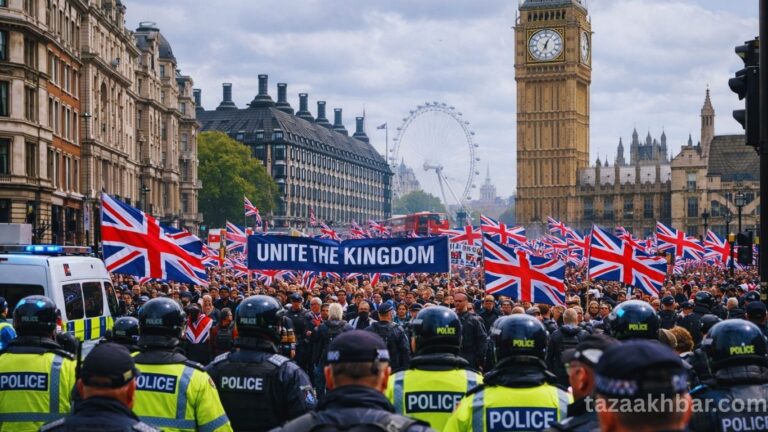 सेंट्रल लंदन में ब्रिटेन प्रदर्शन 2026 के दौरान 'यूनिट द किंगडम' मार्च और पुलिस सुरक्षा