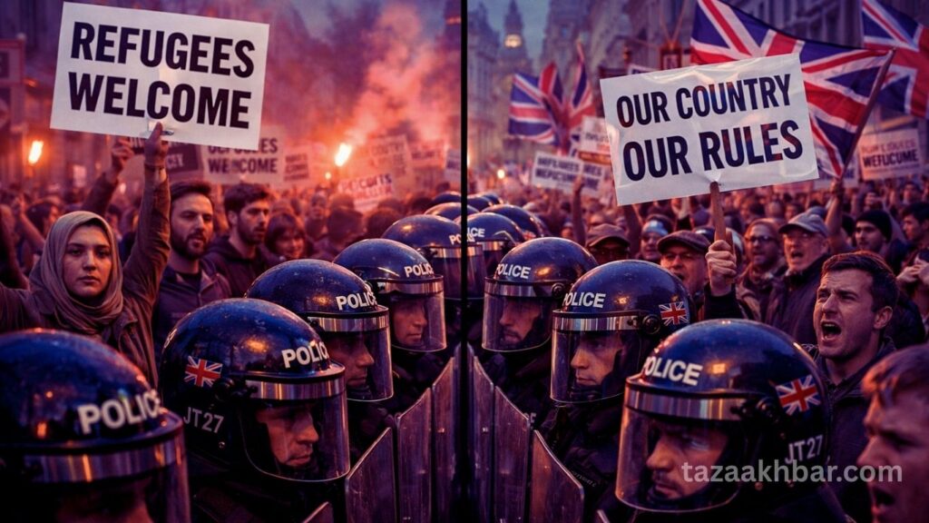 ब्रिटेन प्रदर्शन 2026 के बीच शरणार्थियों का स्वागत और सख्त इमिग्रेशन नियमों के समर्थक