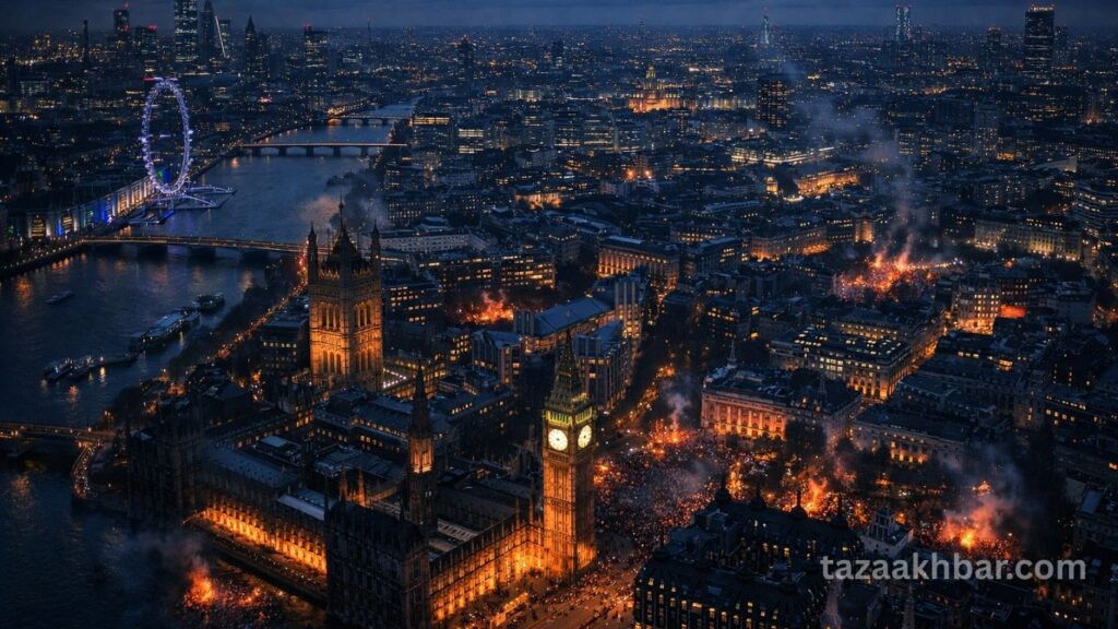  ब्रिटेन प्रदर्शन 2026 के बाद रात के समय शांत दिखता लंदन शहर का एरियल व्यू